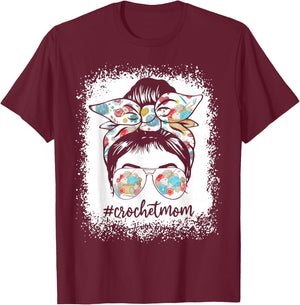 Women Bleached Crochet Mom Messy Bun Crochet Lover T-Shirt - T-Shirt | Maroon