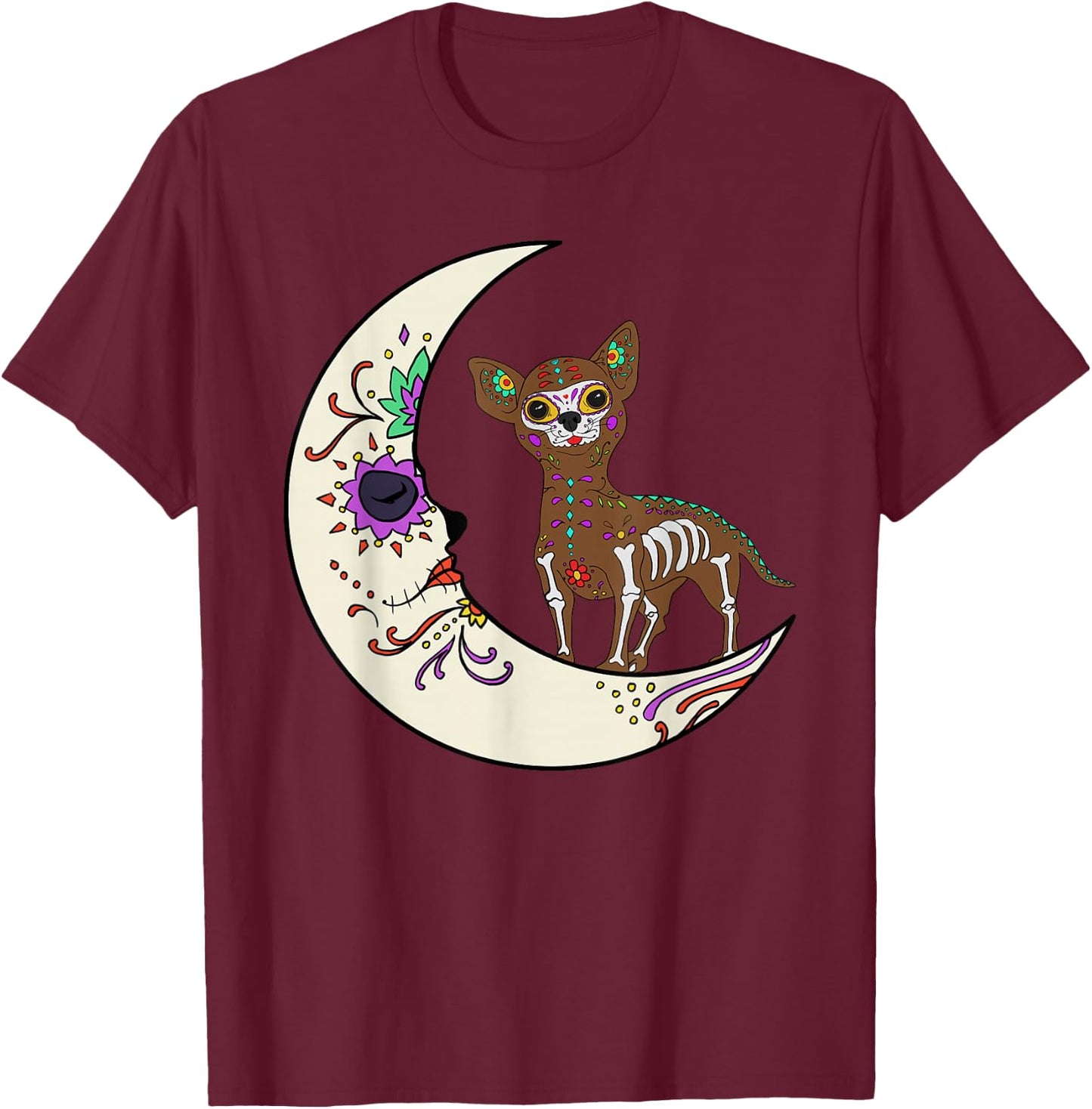Day of Dead Chihuahua On Moon Dog Chihuahua Sugar Skull Women Kids T-Shirt - T-Shirt | Maroon