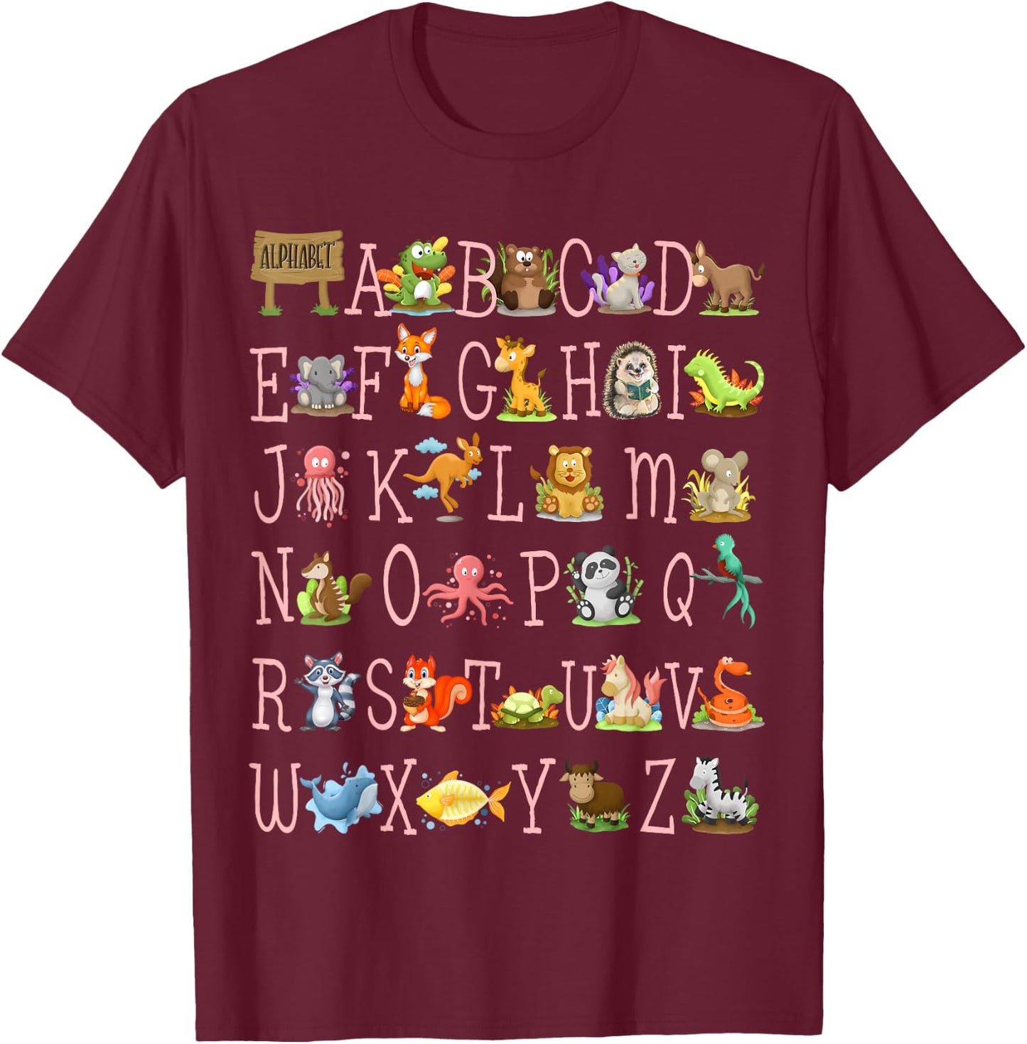 Back to School Kindergarten Teacher ABCs Animals Alphabet T-Shirt - T-Shirt | Maroon