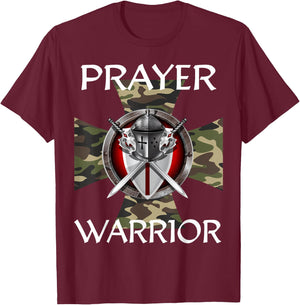 Christian Prayer Warrior Green Camo Cross Religious Messages T-Shirt - T-Shirt | Maroon