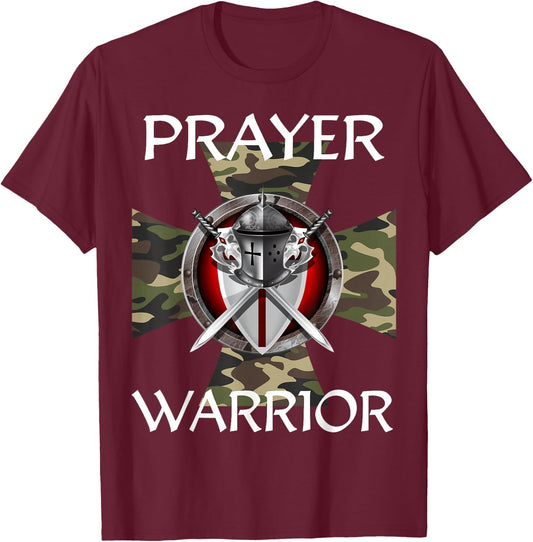 Christian Prayer Warrior Green Camo Cross Religious Messages T-Shirt - T-Shirt | Maroon