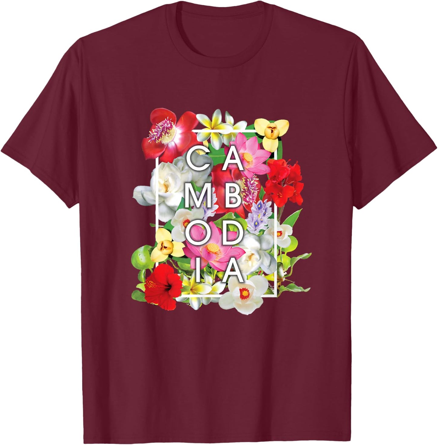 Flowers of Cambodia Word Art - Khmer Pride T-Shirt - T-Shirt | Maroon