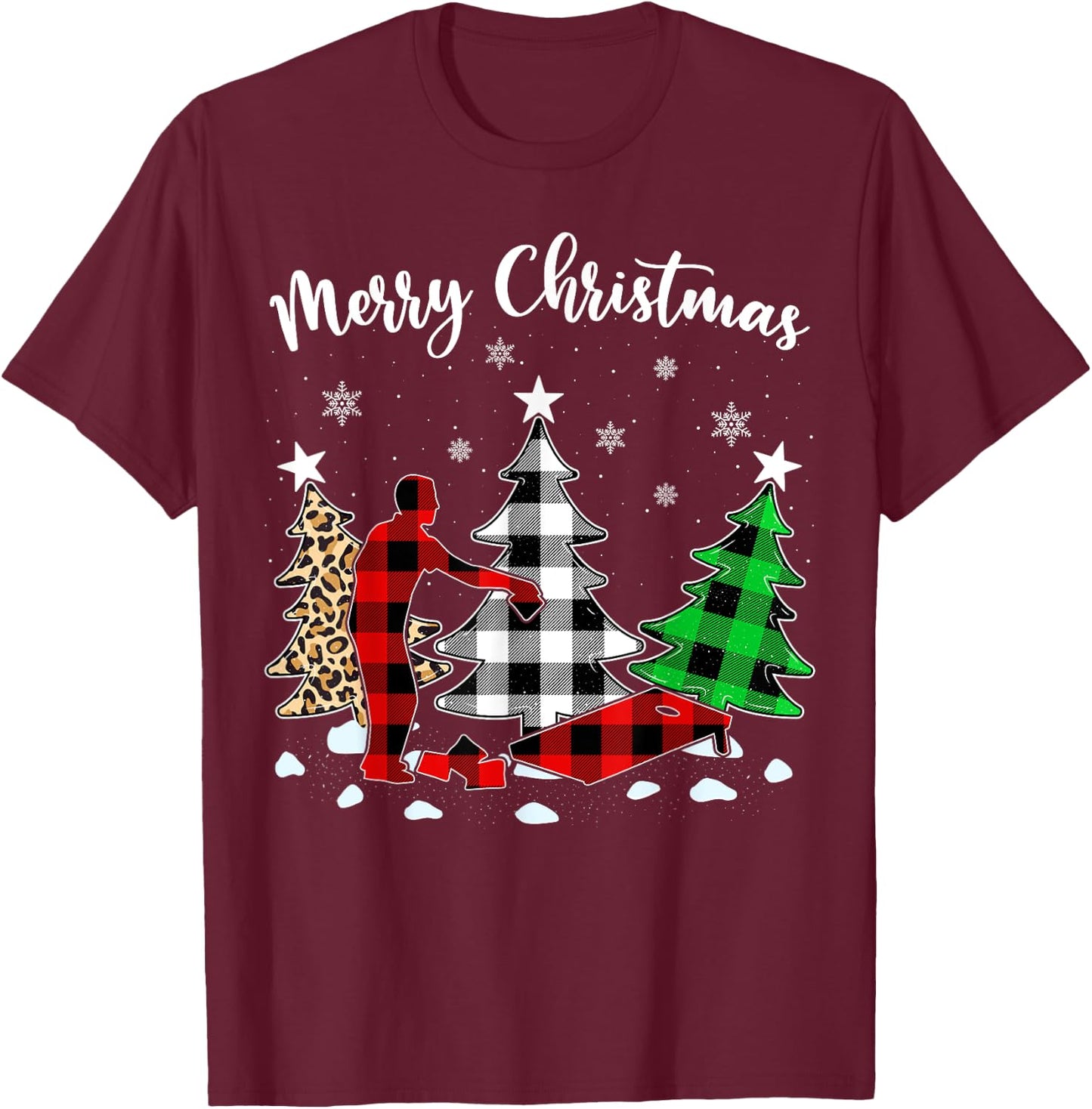 Leopard Buffalo Plaid Matching Cornhole Christmas Pajama T-Shirt - T-Shirt | Maroon