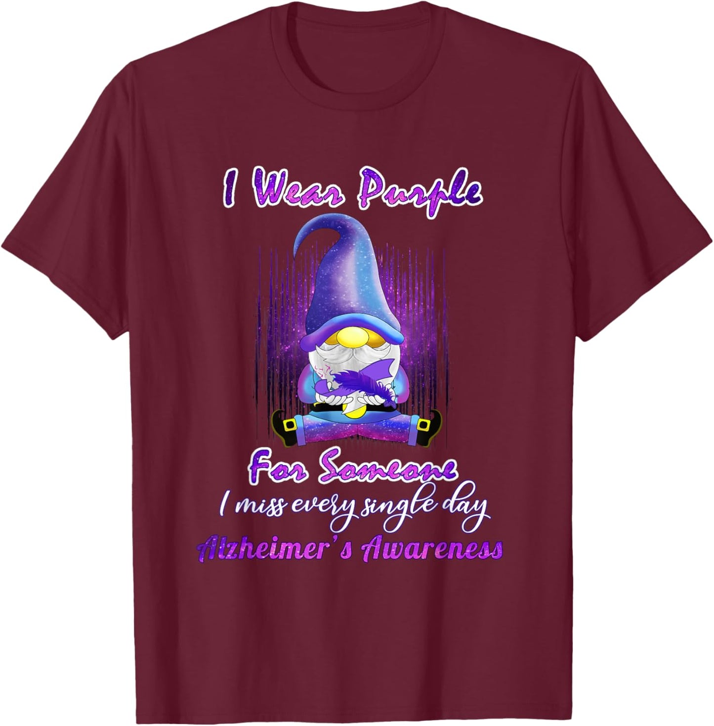 Alzheimer's Awareness Products I Wear Purple Ribbon Gnome T-Shirt - T-Shirt | Maroon