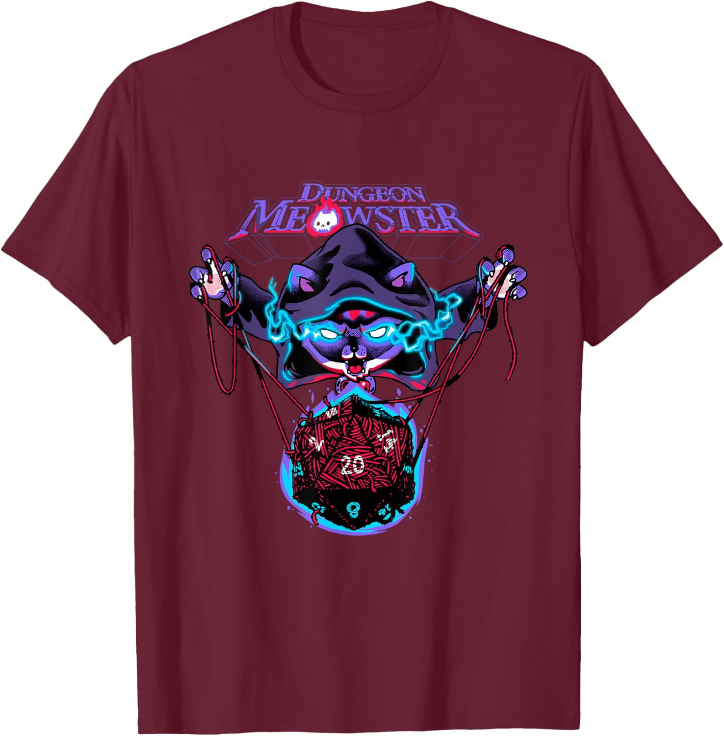 Dungeon Meowster Funny Nerdy Gamer Cat D20 Tabletop RPG T-Shirt - T-Shirt | Maroon