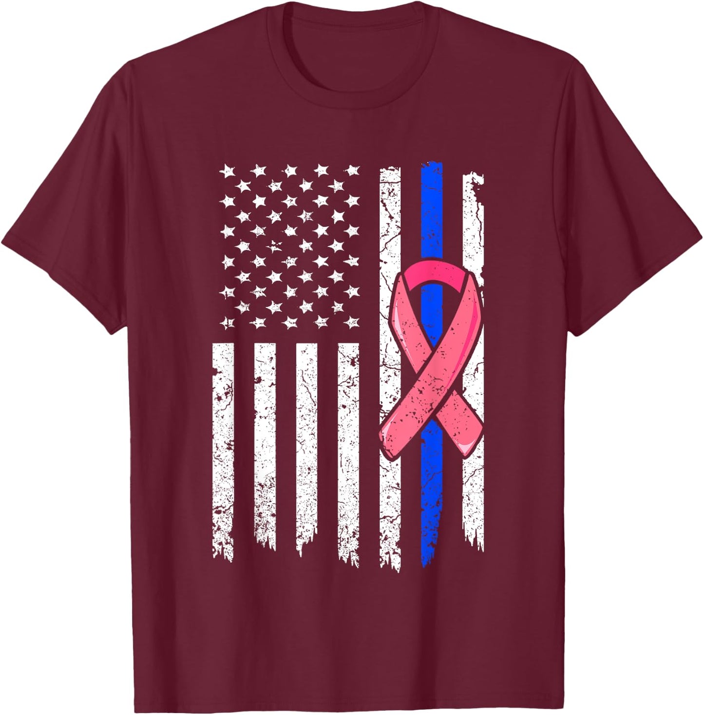 Breast Cancer Police American Flag Shirt Pink Ribbon Fighter T-Shirt - T-Shirt | Maroon