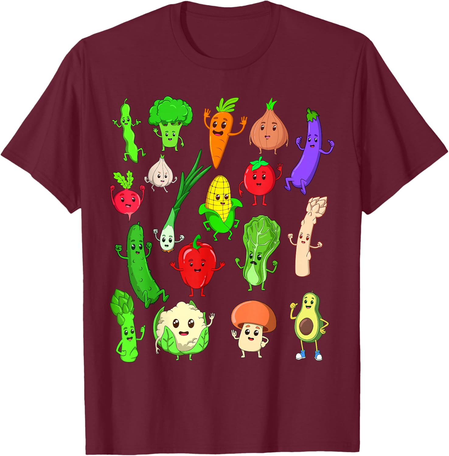 Comic Kawaii Vegetables T-Shirt - T-Shirt | Maroon