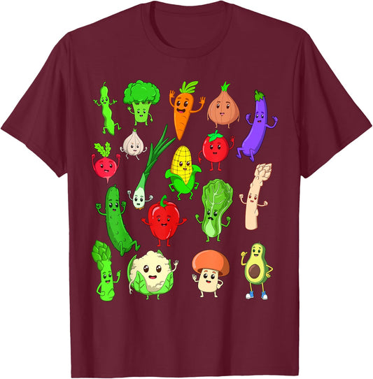 Comic Kawaii Vegetables T-Shirt - T-Shirt | Maroon