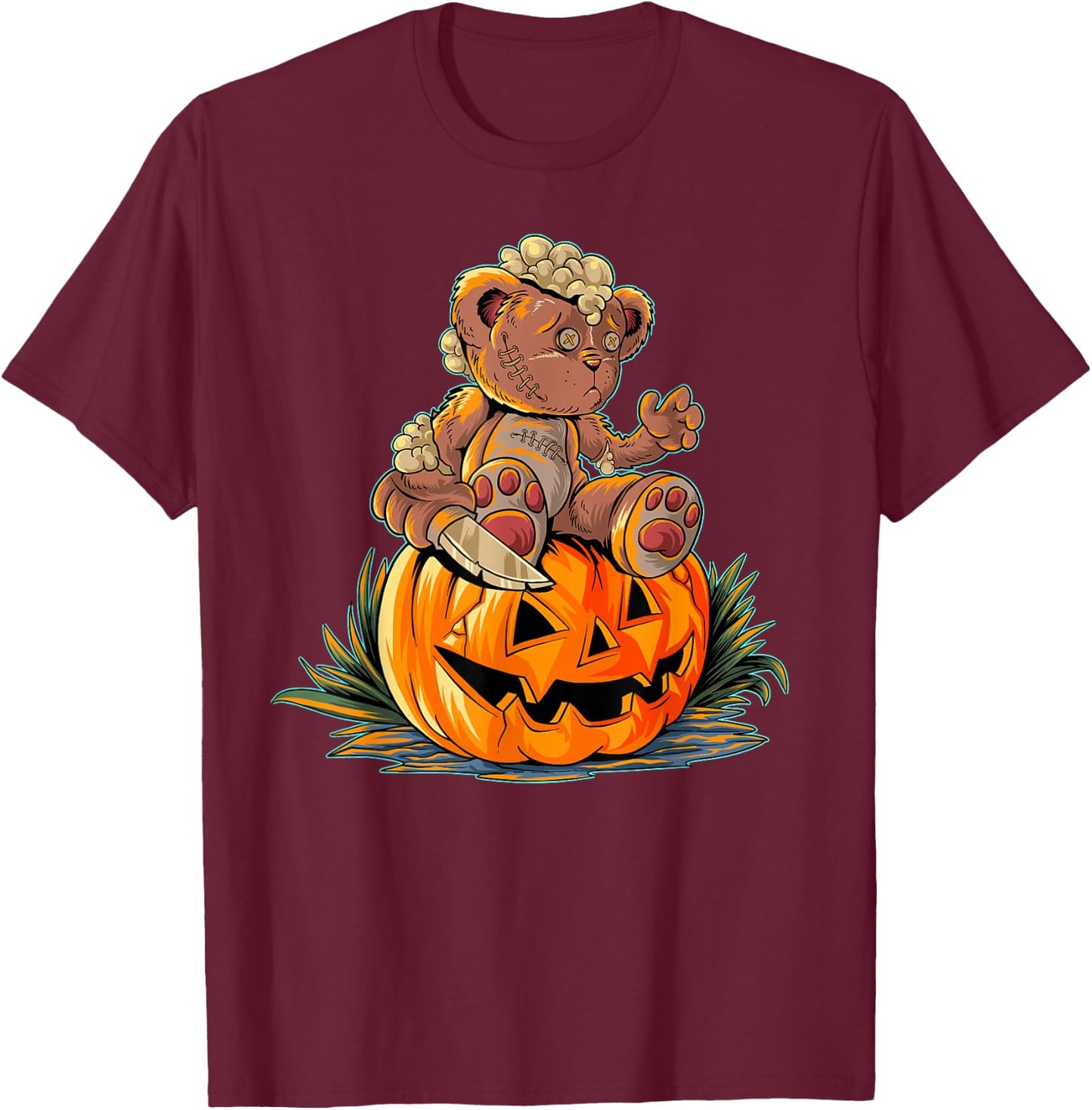 Halloween Spooky Teddy Bear, Pumpkin T-Shirt - T-Shirt | Maroon