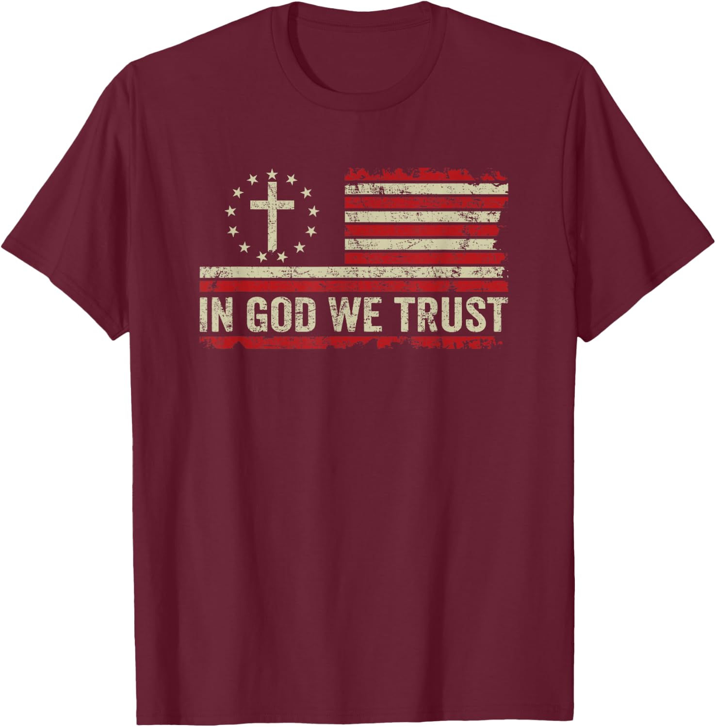 In God We Trust - Vintage American Flag Cross Patriotic T-Shirt - T-Shirt | Maroon