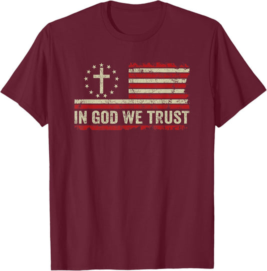 In God We Trust - Vintage American Flag Cross Patriotic T-Shirt - T-Shirt | Maroon