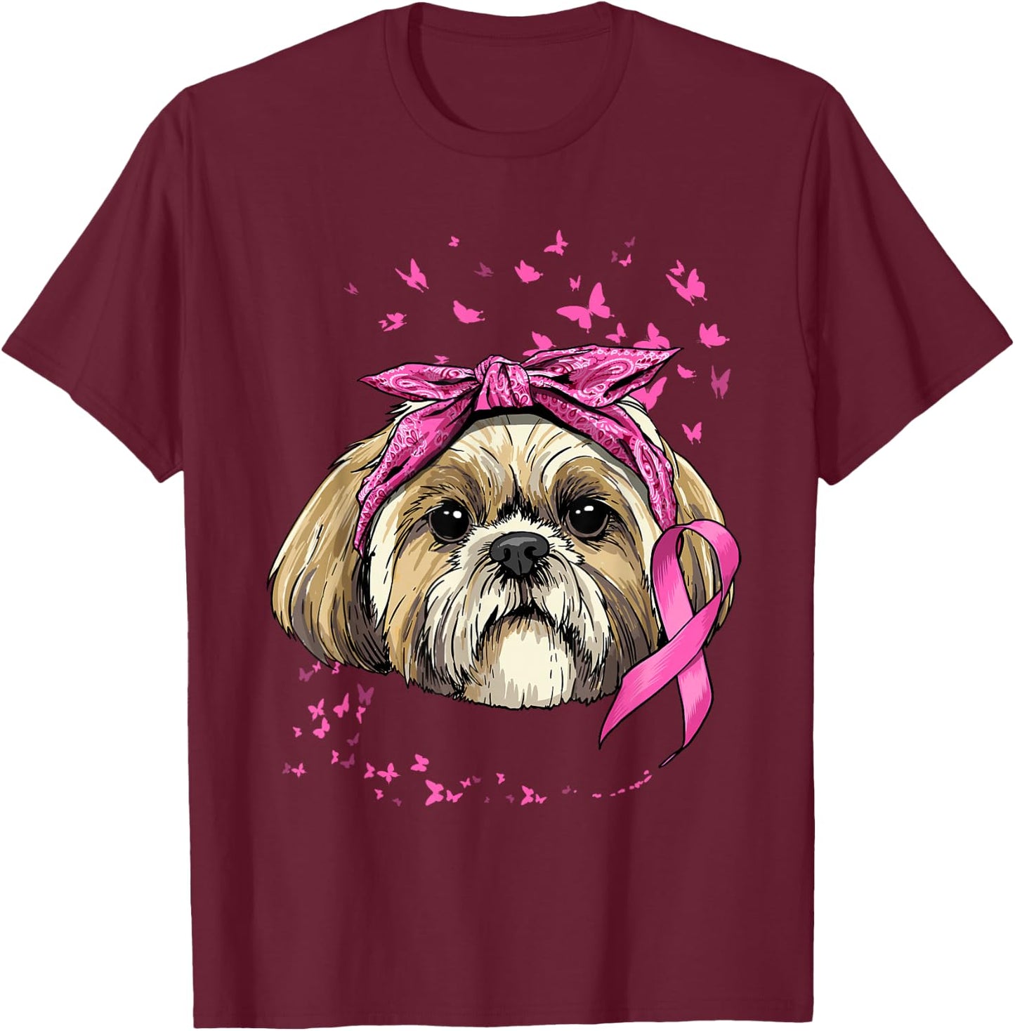 Breast Cancer Awareness Shih Tzu Dog Pink Ribbon Survivor T-Shirt - T-Shirt | Maroon
