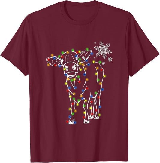 Cow Christmas Light Tree Cow Xmas Snow Lover T-Shirt - T-Shirt | Maroon