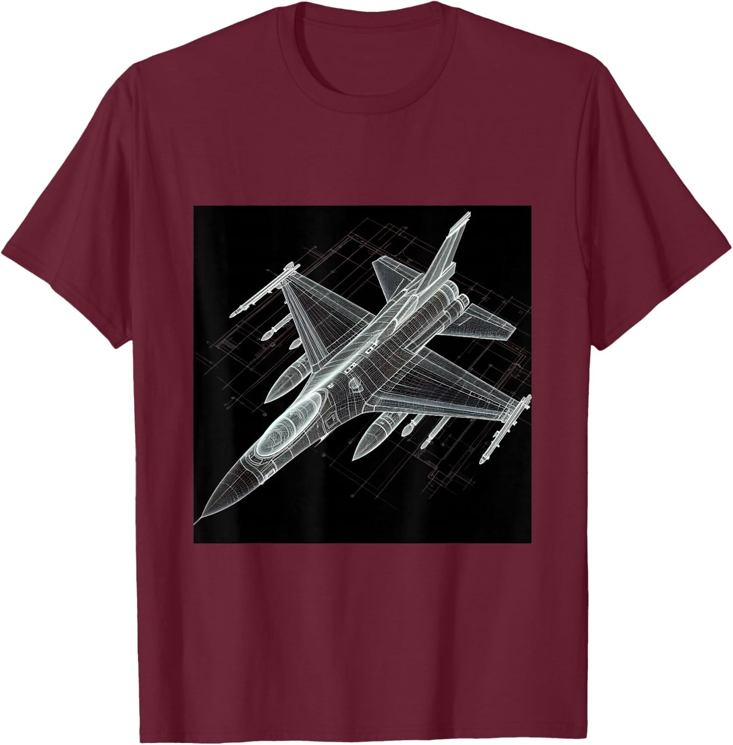 F16 Viper Jet Fighter Wireframe Blueprint T-Shirt - T-Shirt | Maroon
