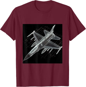 F16 Viper Jet Fighter Wireframe Blueprint T-Shirt - T-Shirt | Maroon