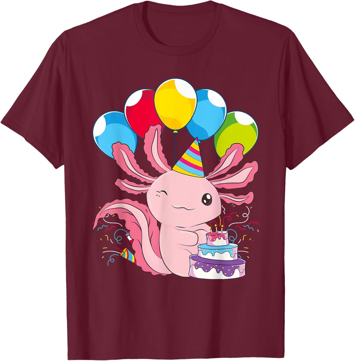 Kids Birthday Party Cake Pet Animal Amphibian Axolotl T-Shirt - T-Shirt | Maroon