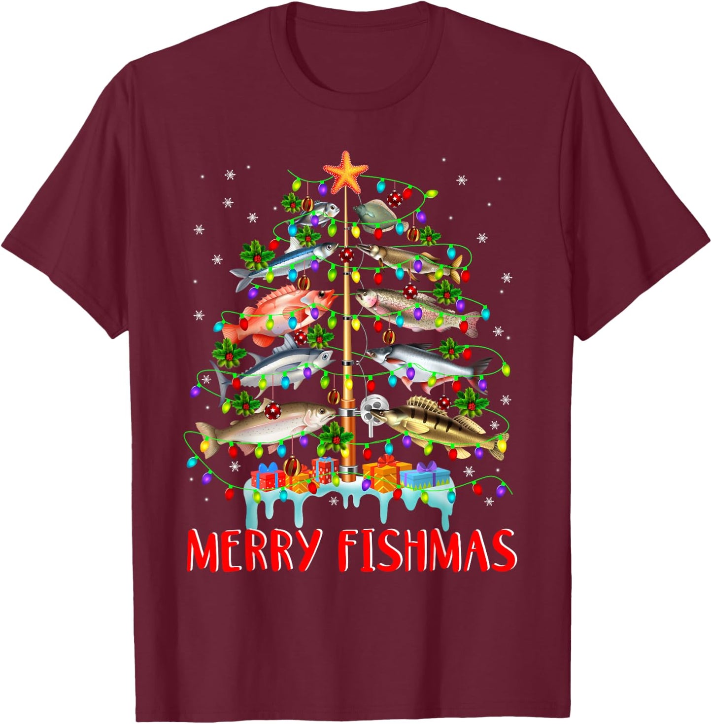 Merry Fishmas Funny Christmas Tree Lights Fish Fishing Rod T-Shirt - T-Shirt | Maroon