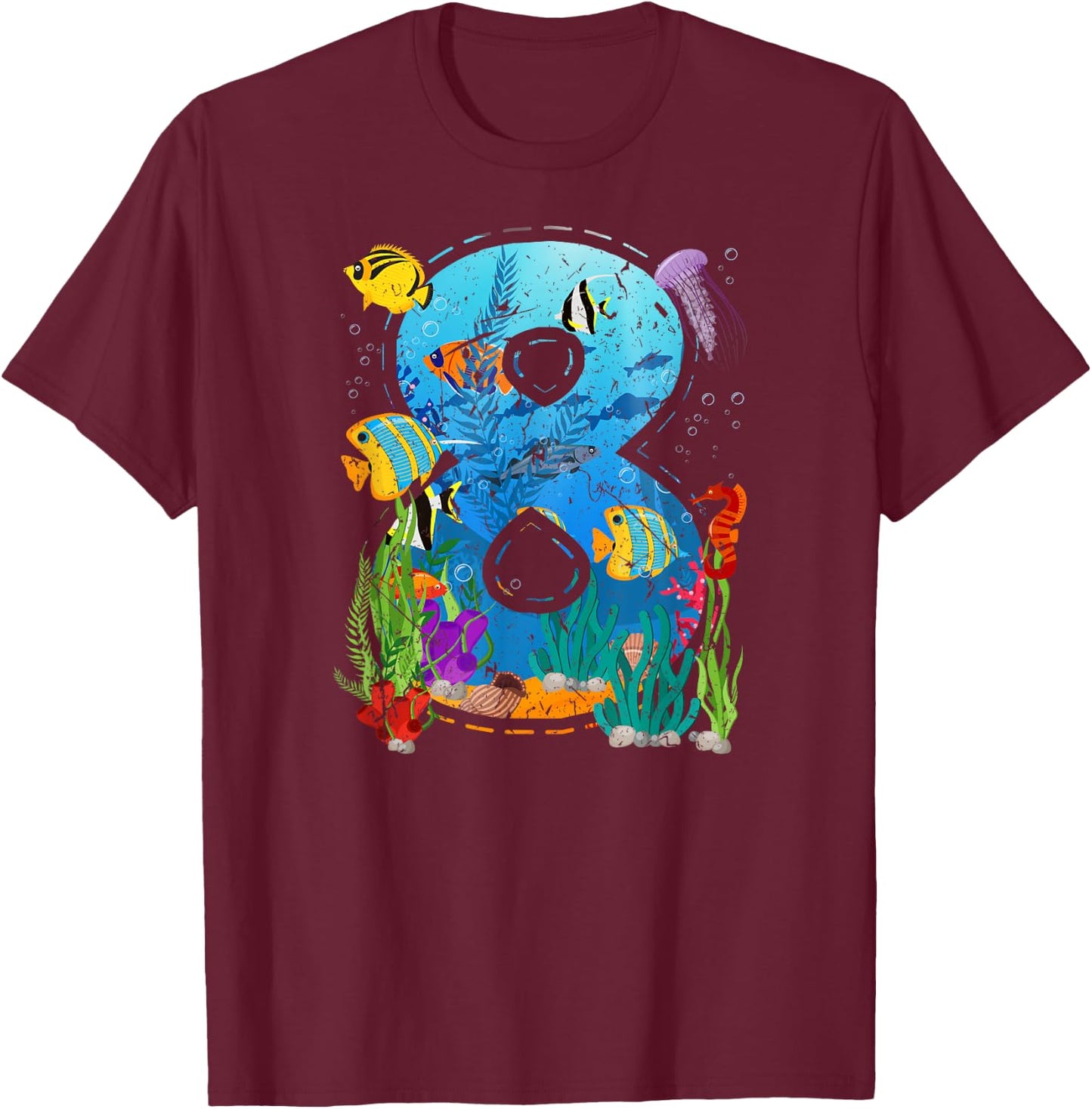 8 Year Old Boy Ocean Aquarium 8th Birthday Party Sea Animal T-Shirt - T-Shirt | Maroon