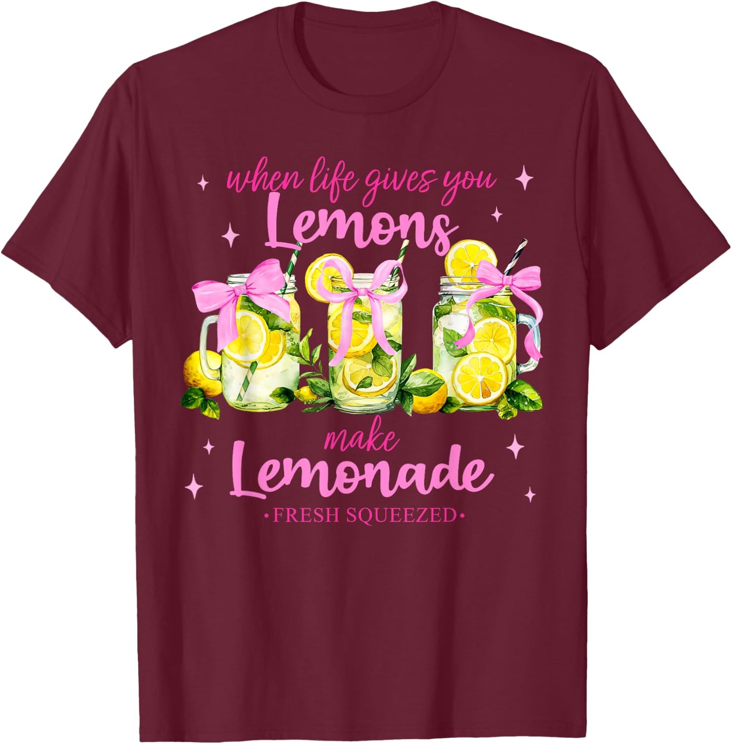 Retro When Life Gives You Lemons Pink Coquette Bow Lemonade T-Shirt - T-Shirt | Maroon