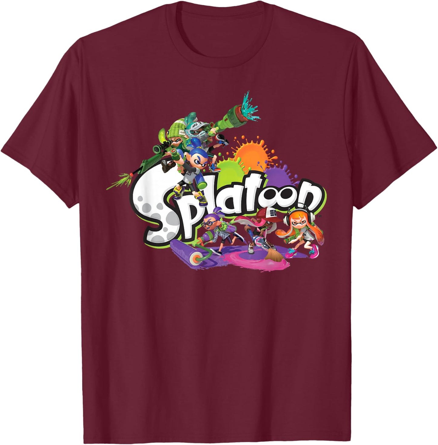 Splatoon Logo Teams Splatter Group Shot T-Shirt - T-Shirt | Maroon