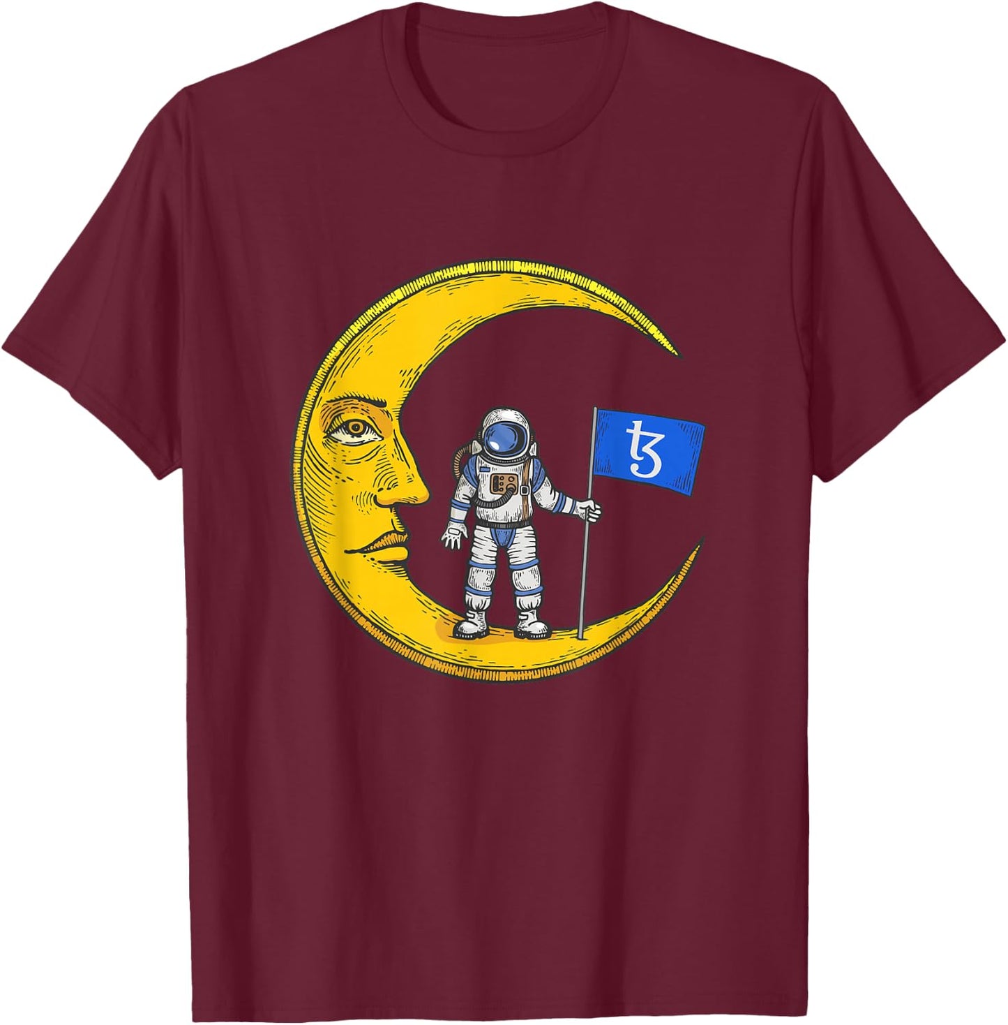 Tezos Logo Crypto Flag On Moon To Hodl XTZ Bull Market T-Shirt - T-Shirt | Maroon