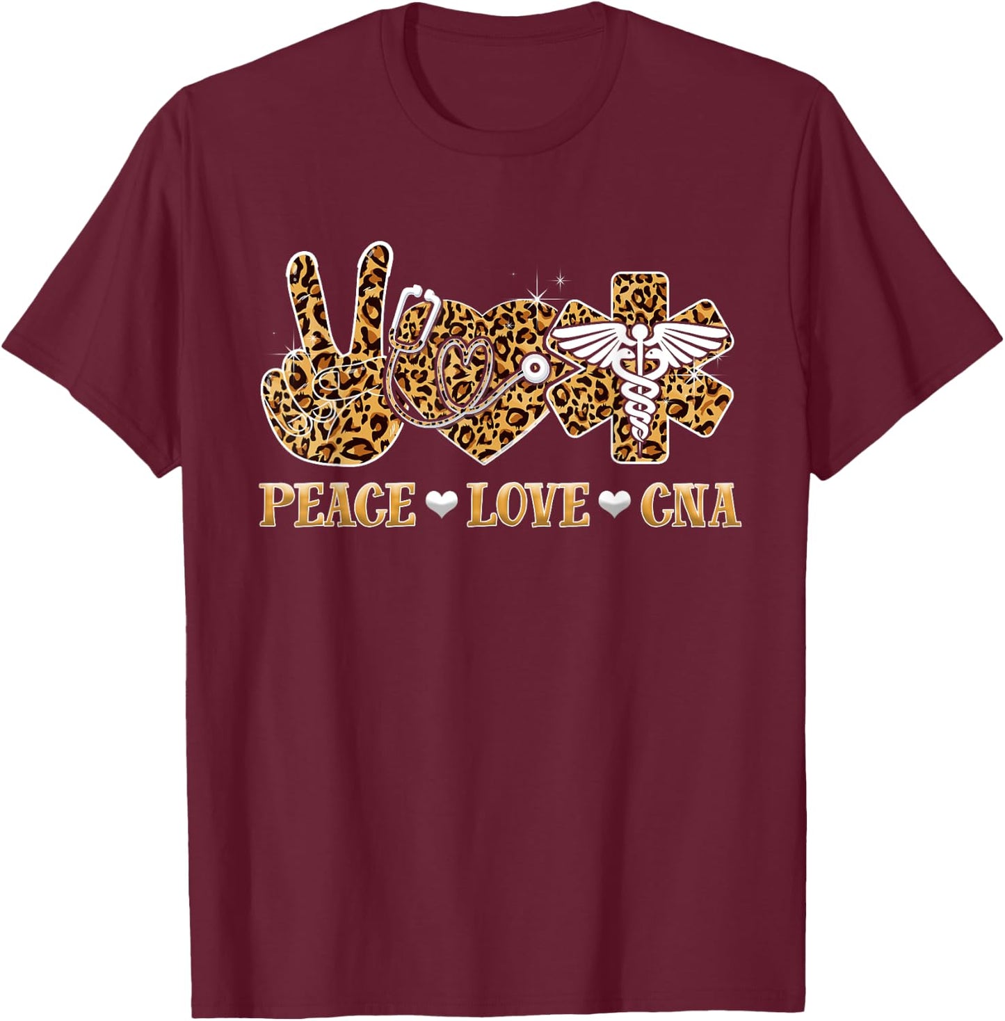 Peace Love Cna Nurse Life Leopard Print Stethoscope Heart T-Shirt - T-Shirt | Maroon
