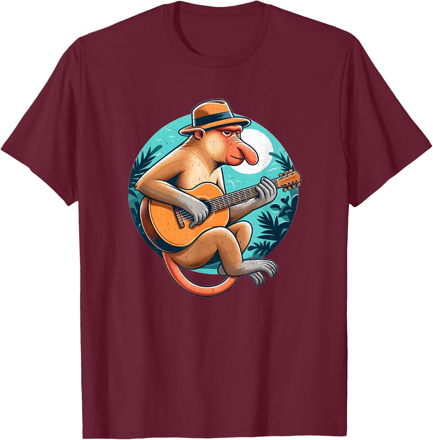 Proboscis Monkey Playing Guitar with Hat T-Shirt - T-Shirt | Maroon