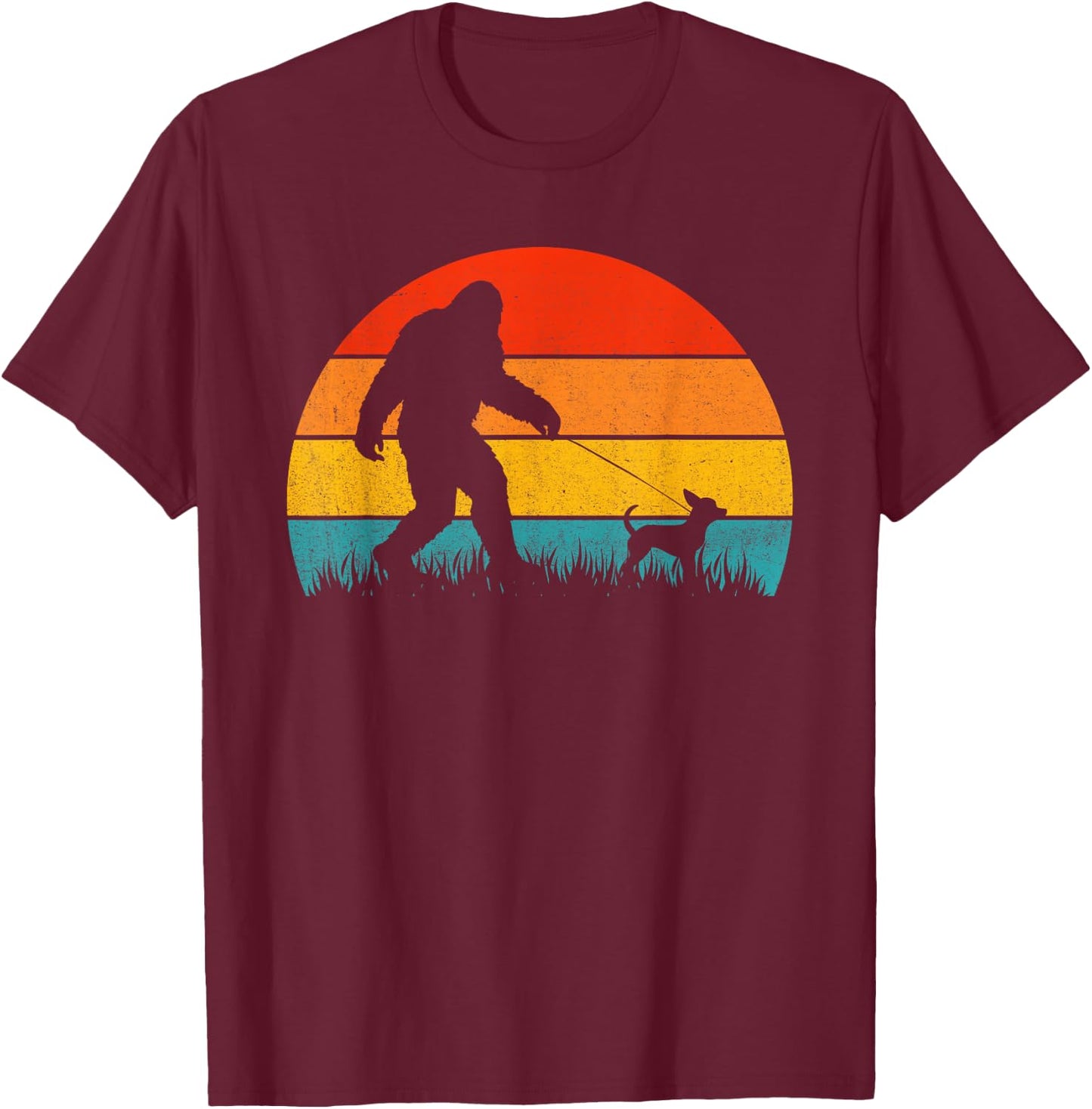 Bigfoot Walking Retro Sunset Off Sasquatch & Chihuahua Dog T-Shirt - T-Shirt | Maroon