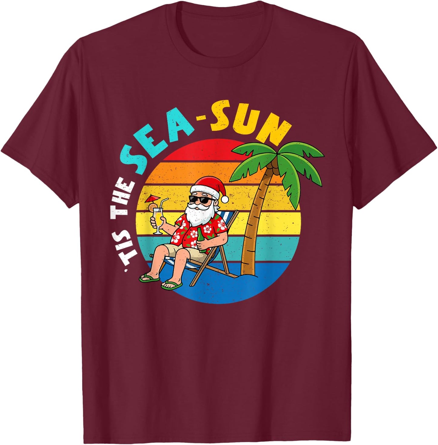 Tis The Sea Sun Santa Beach Summer Christmas in July Boys T-Shirt - T-Shirt | Maroon
