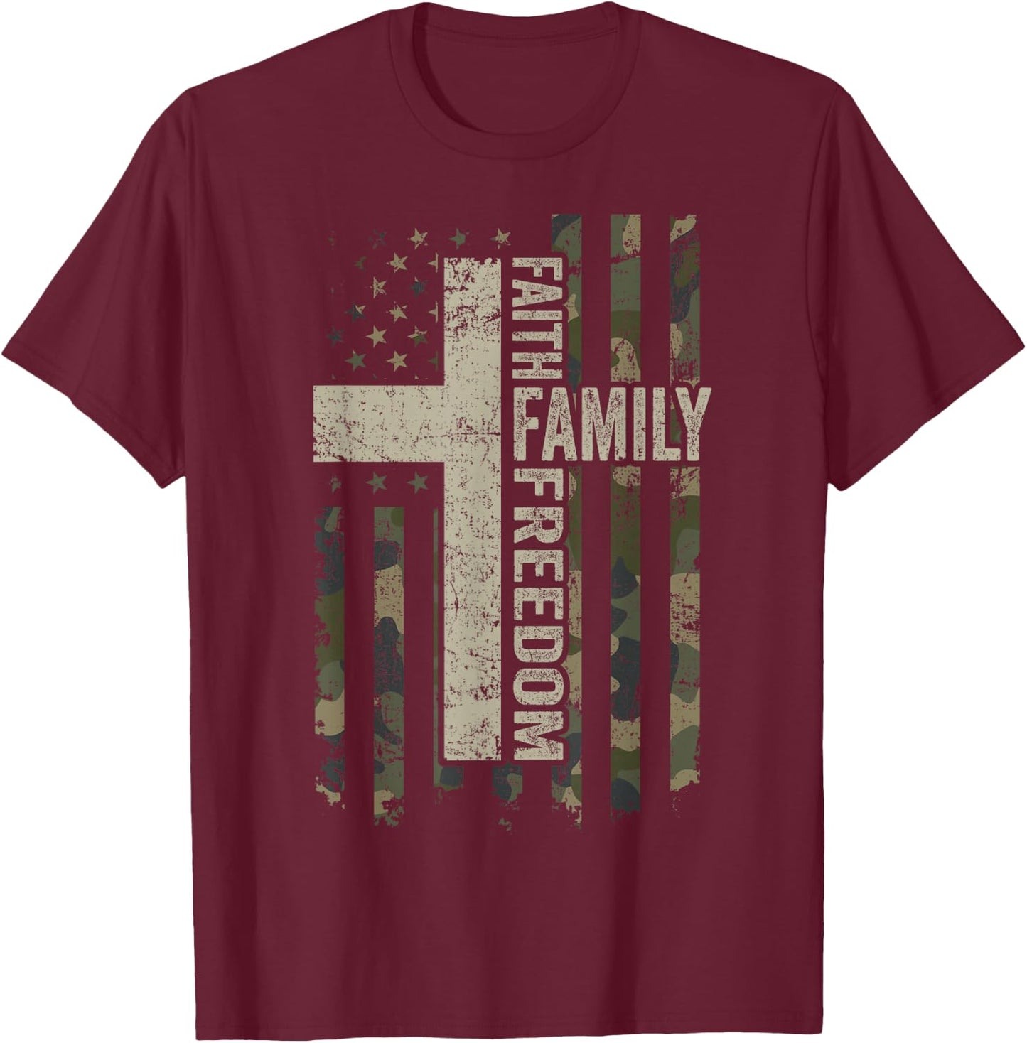 Faith Family & Freedom - Patriotic Christian Camo USA Flag T-Shirt - T-Shirt | Maroon