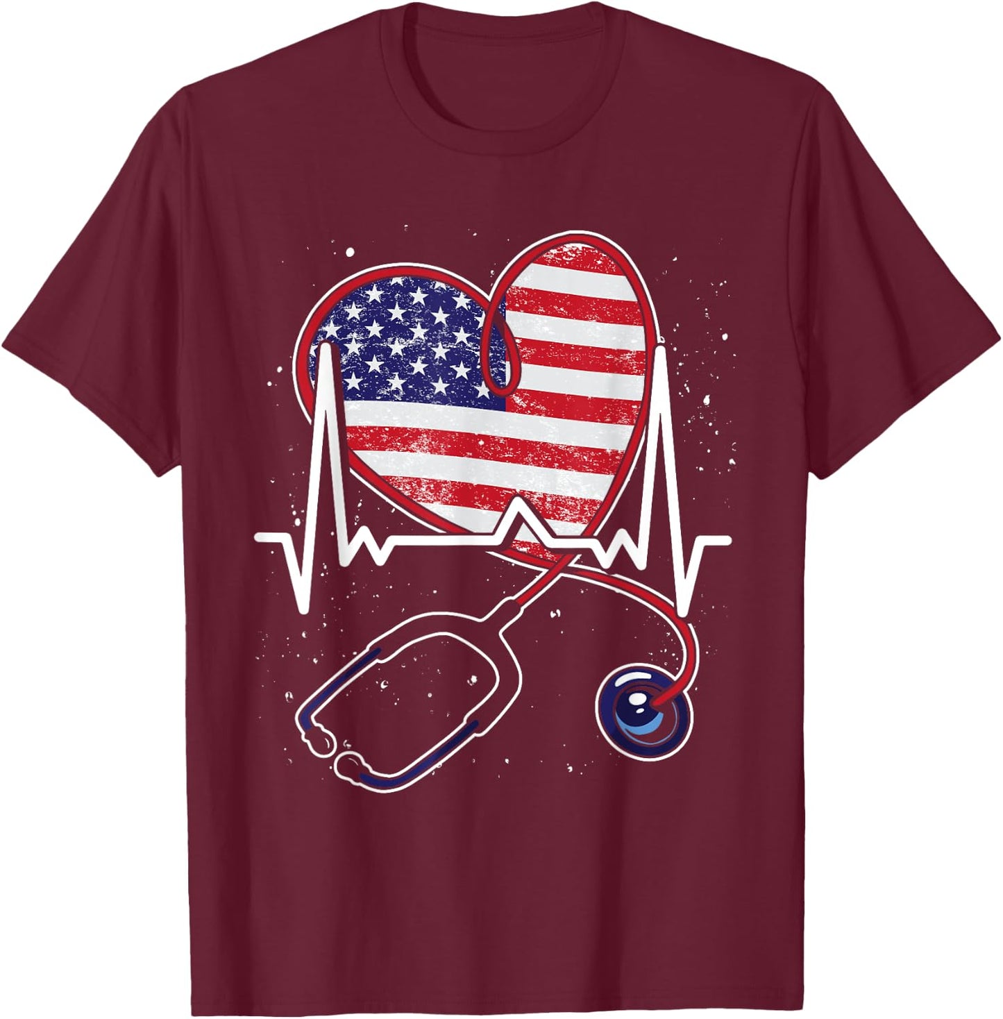 Heart US Flag RN Patriotic LPN Heartbeat Stethoscope Nurse T-Shirt - T-Shirt | Maroon