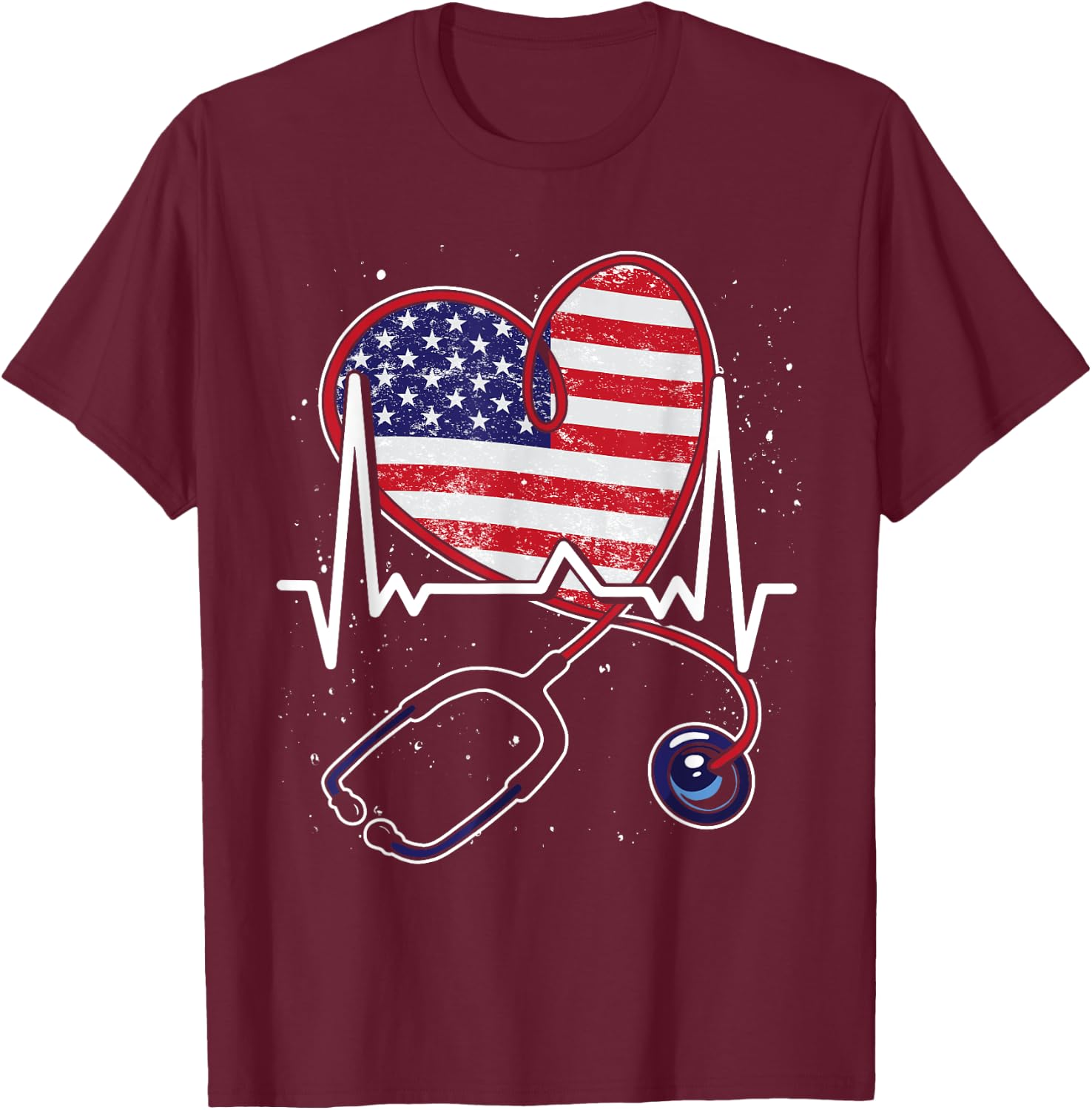 Heart US Flag RN Patriotic LPN Heartbeat Stethoscope Nurse T-Shirt - T-Shirt | Maroon