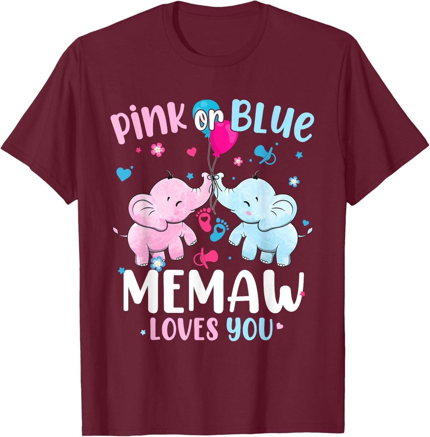 Pink or Blue Memaw Loves You Gender Reveal Elephant Grandma T-Shirt - T-Shirt | Maroon