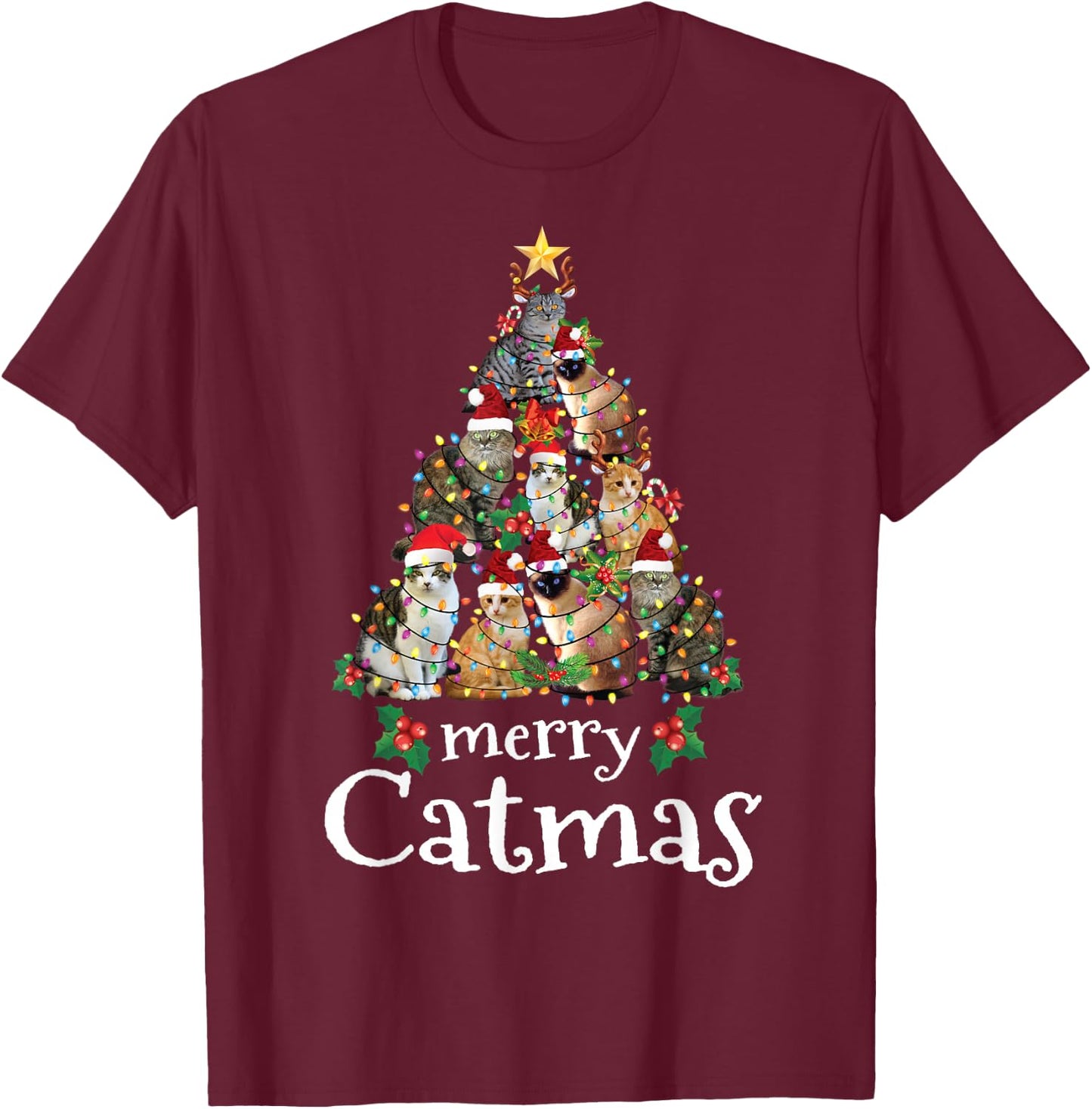Merry Catmas Funny Cat Mom Cat Dad Christmas Cat T-Shirt - T-Shirt | Maroon