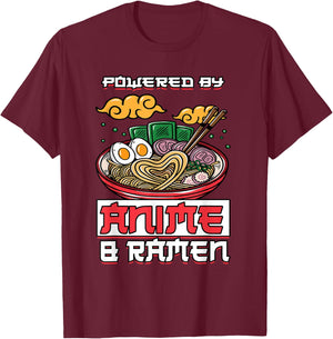 Powered by Anime & Ramen Merchandise Japanese Style Cute T-Shirt - T-Shirt | Maroon