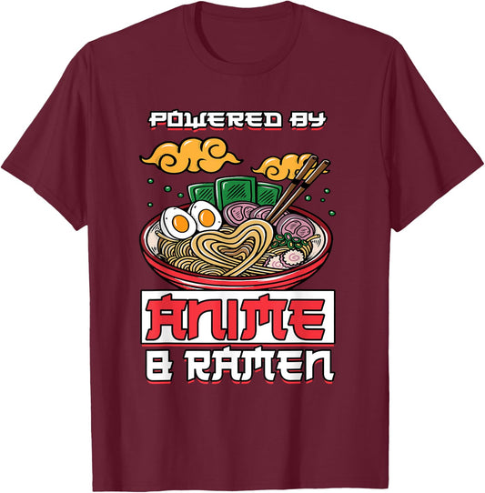 Powered by Anime & Ramen Merchandise Japanese Style Cute T-Shirt - T-Shirt | Maroon