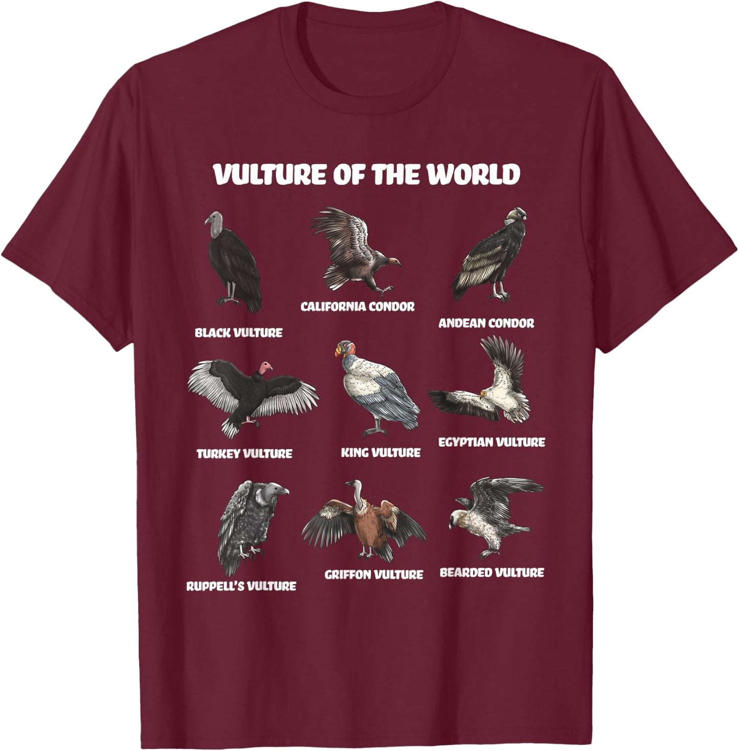 Vultures of the World Eductional Animal Bird T-Shirt - T-Shirt | Maroon