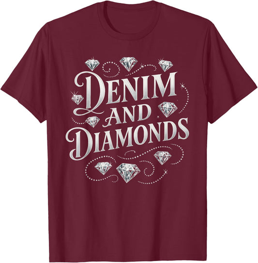 Denim And Diamonds Country Chic Western Bachelorette Party T-Shirt - T-Shirt | Maroon