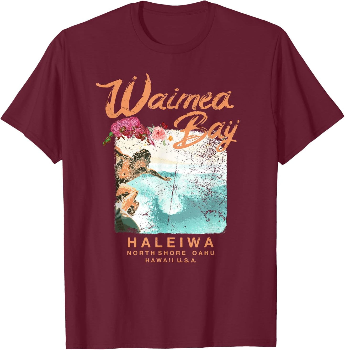 Hawaii Waimea Bay Vintage Hawaiian Surfing T Shirt T-Shirt - T-Shirt | Maroon