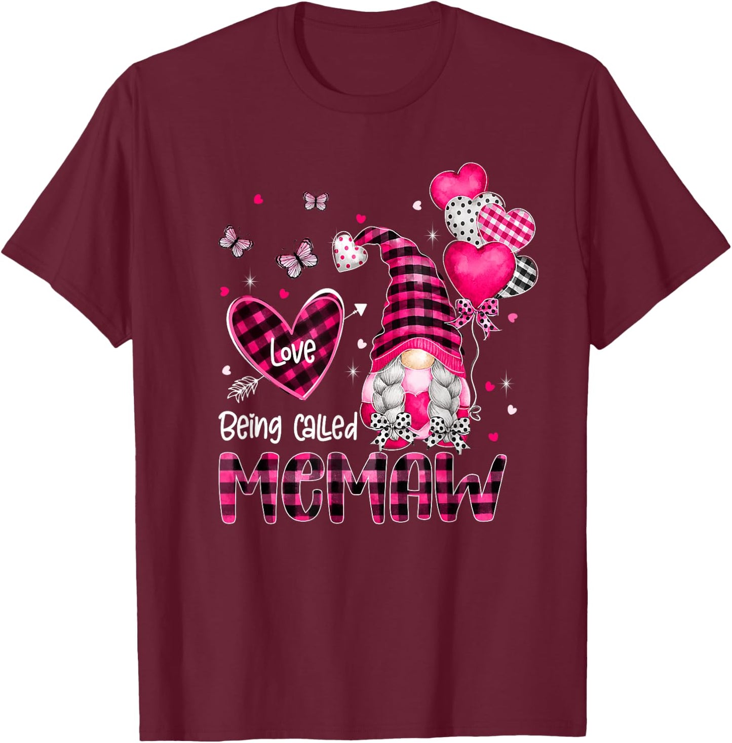 Plaid Love Being Called Memaw Gnome Valentines Day Family T-Shirt - T-Shirt | Maroon