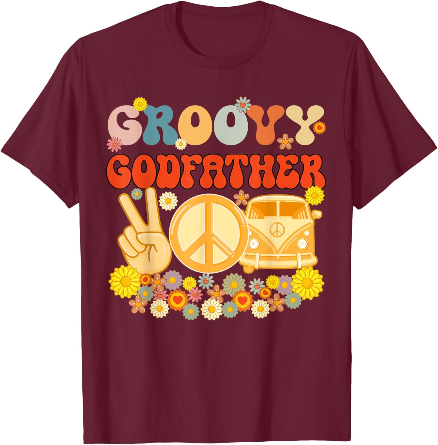 Groovy Godfather Retro Matching Family Baby Shower Father's T-Shirt - T-Shirt | Maroon