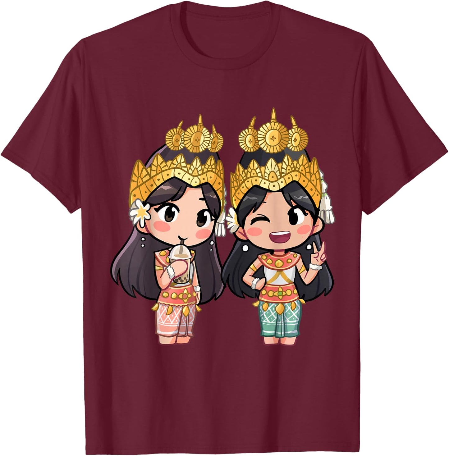 Cute Chibi Style Cambodian Khmer Apsara BFF T-Shirt - T-Shirt | Maroon