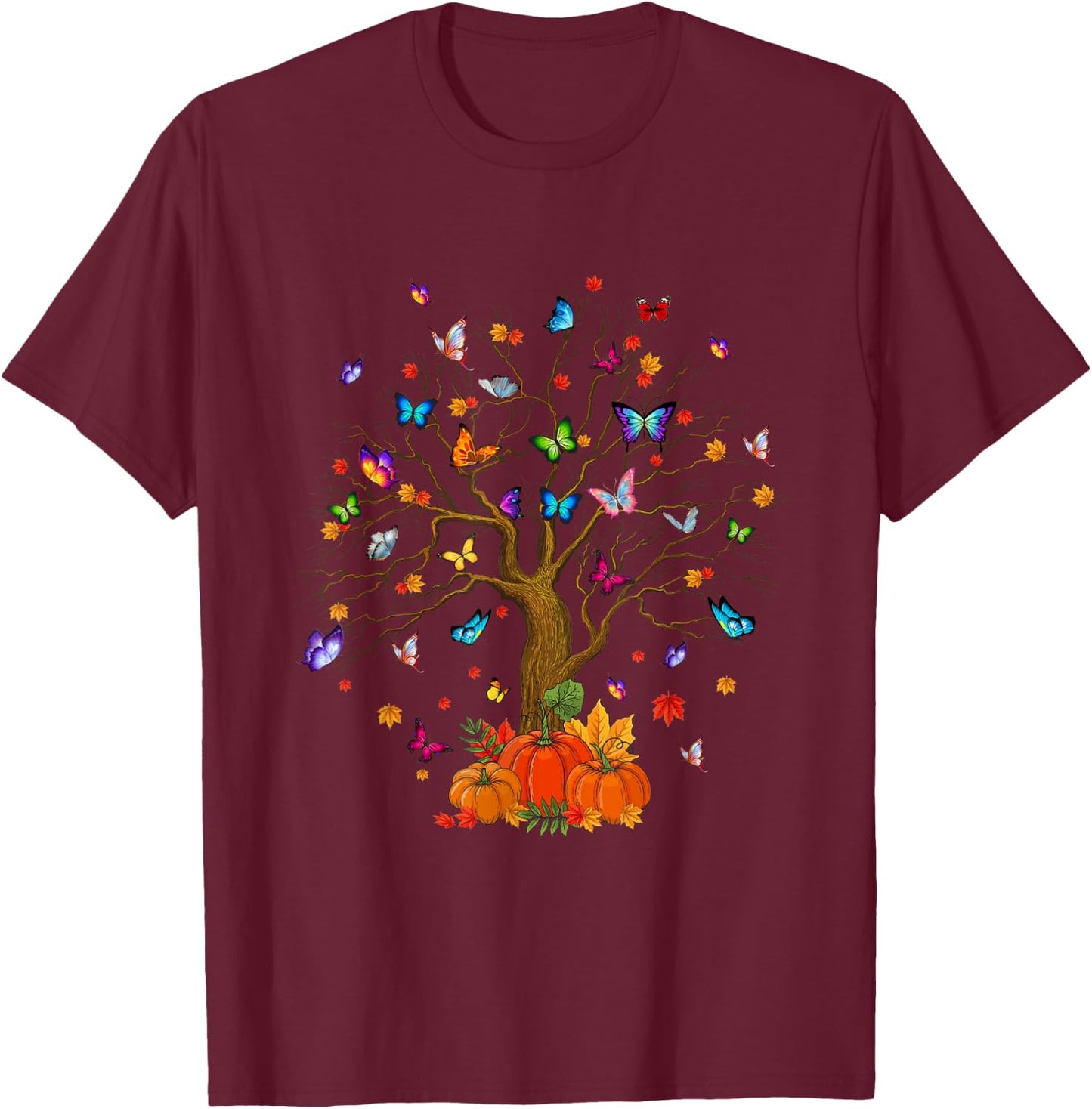 Butterfly Tree Fall Pumpkin Shirts Halloween Autumn T-Shirt - T-Shirt | Maroon