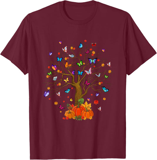 Butterfly Tree Fall Pumpkin Shirts Halloween Autumn T-Shirt - T-Shirt | Maroon