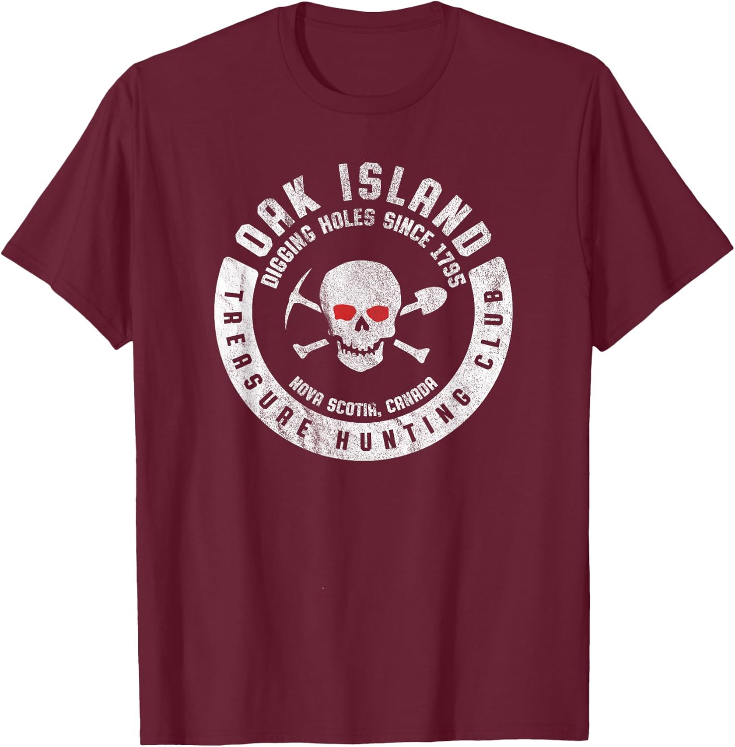 Oak Island Treasure Hunting Club Vintage Skull and Crossbone T-Shirt - T-Shirt | Maroon
