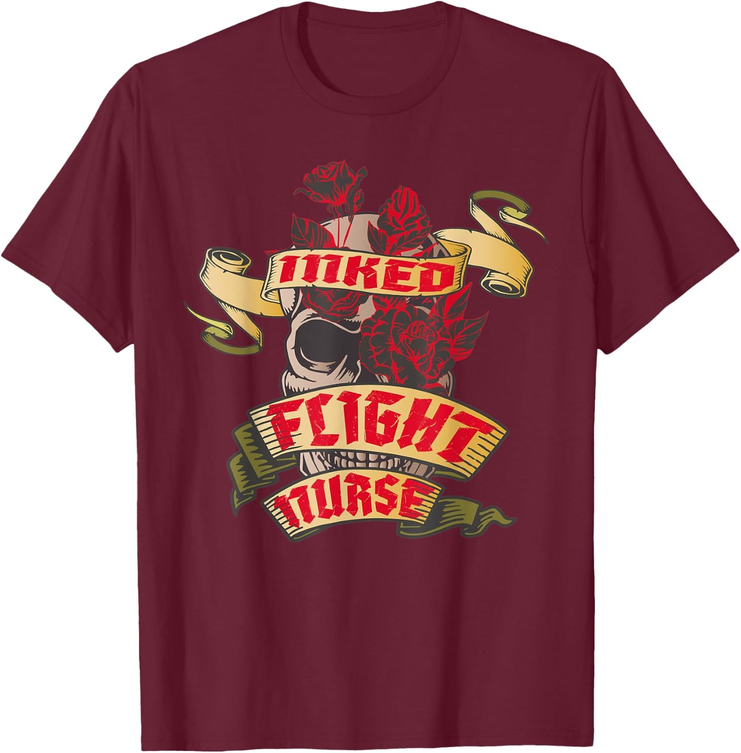 Flight Nurse Inked Skull & Red Roses Tattoo T-Shirt - T-Shirt | Maroon