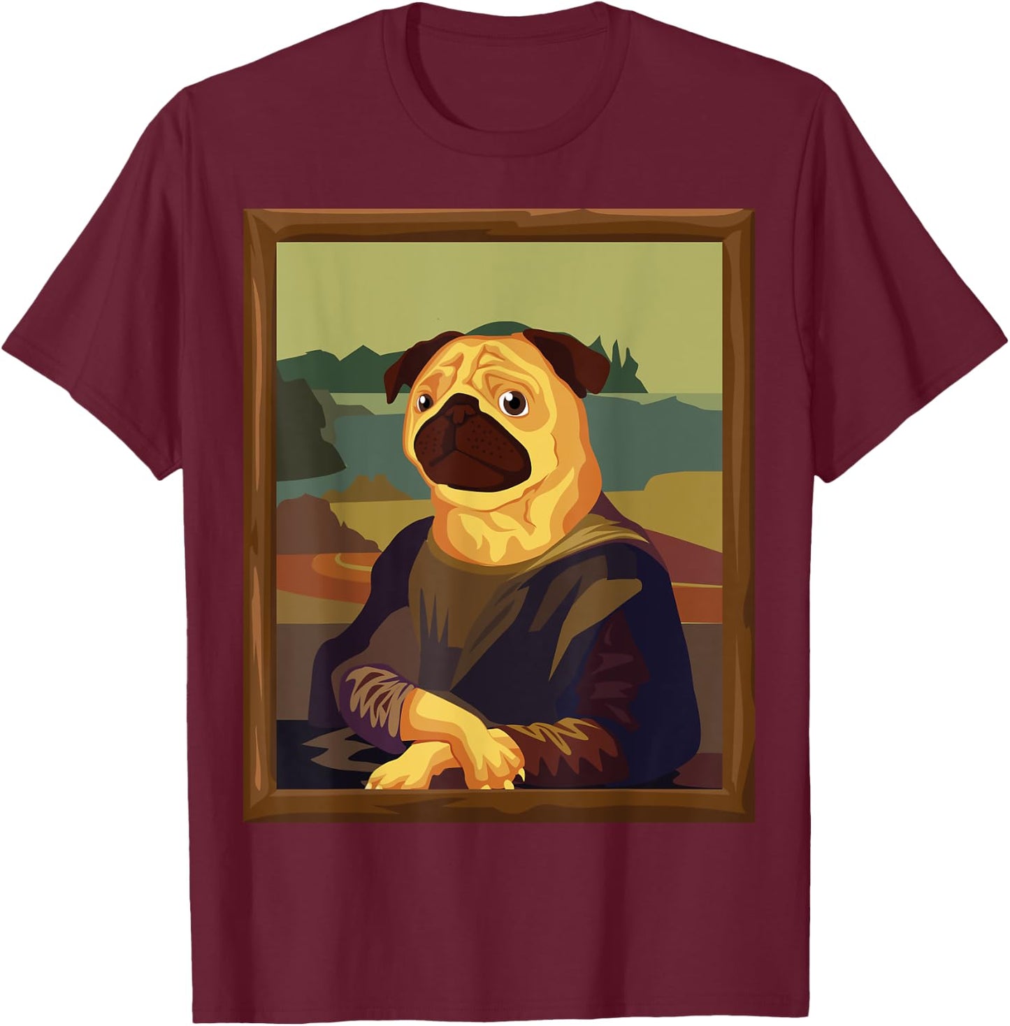 Funny Mona Lisa Pug Art Parody T-Shirt - T-Shirt | Maroon
