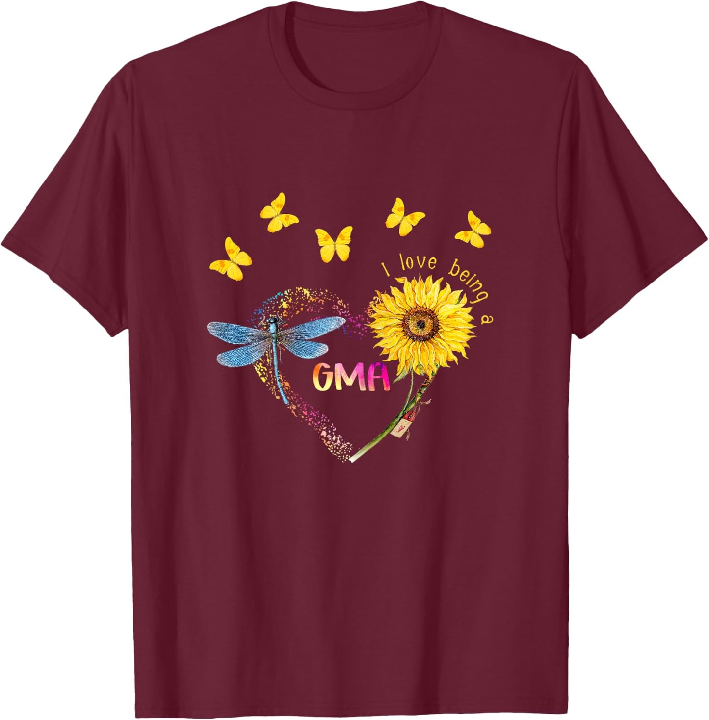 Personalized I Love Being Gma Sunflower Dragonfly T-Shirt - T-Shirt | Maroon