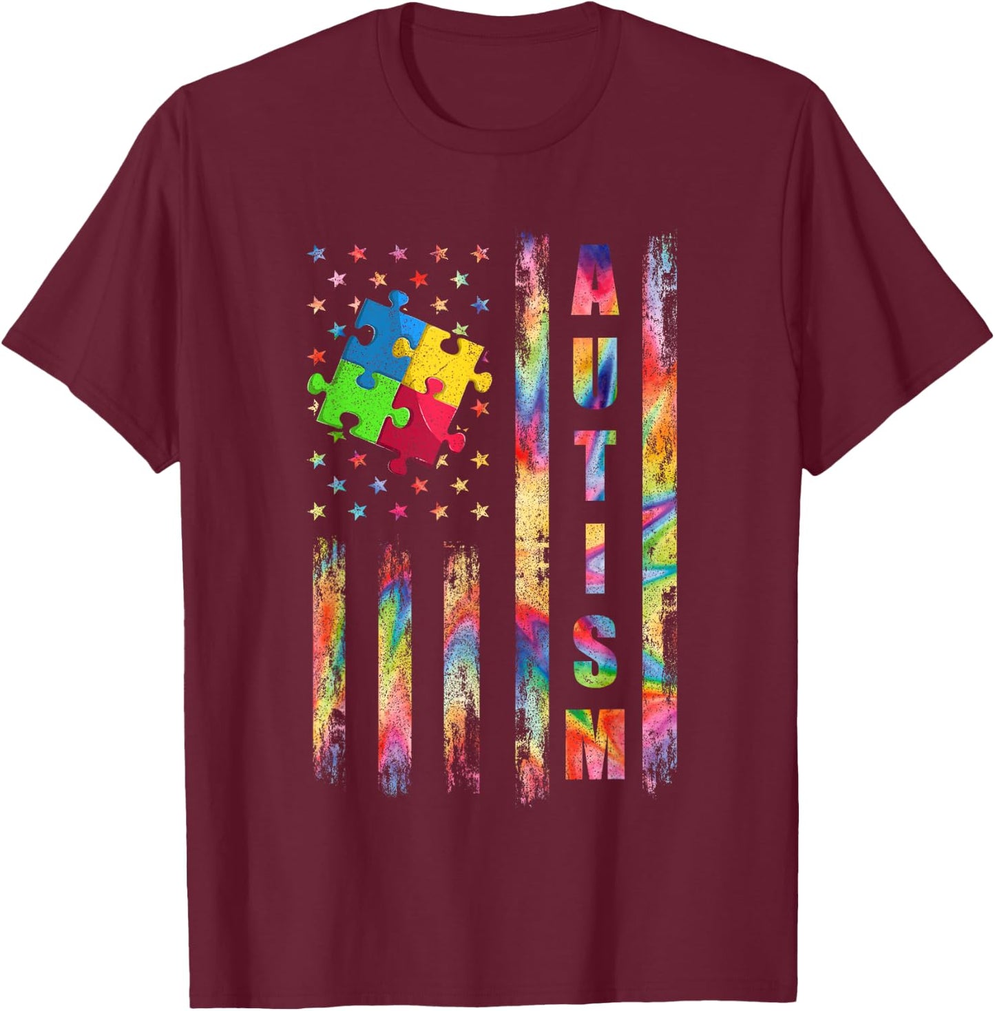Autism Awareness Flag Shirts, American Flag Autism Dad Mom T-Shirt - T-Shirt | Maroon