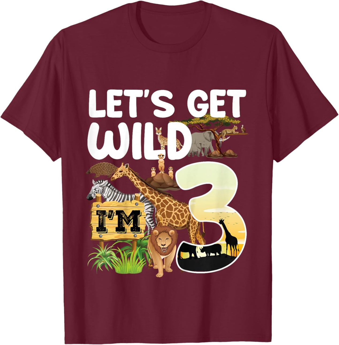 3 Year Old Zoo Birthday Safari Jungle Animal 3rd B-Day T-Shirt - T-Shirt | Maroon
